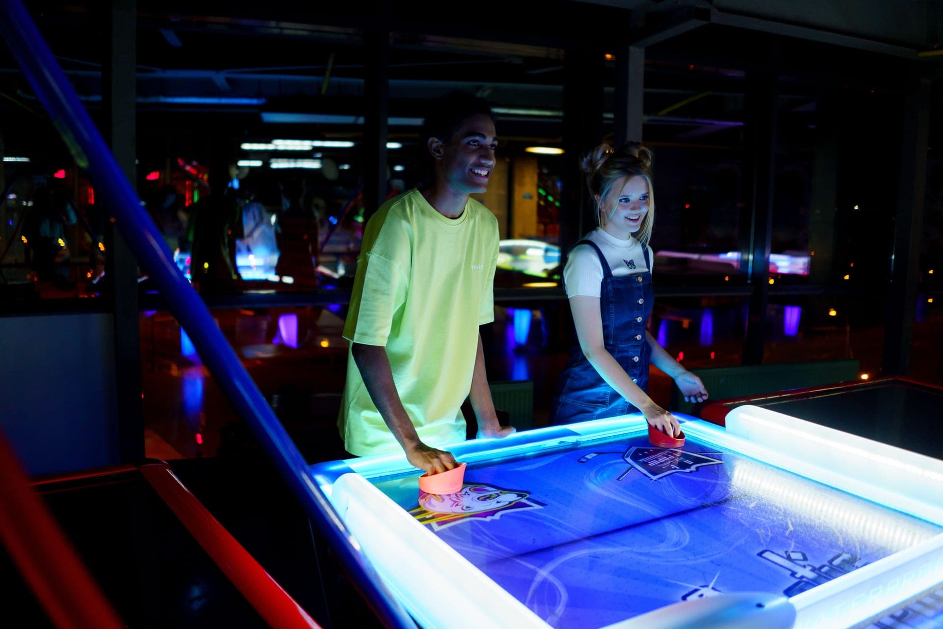 A seven-foot air hockey table with an overhead scorer